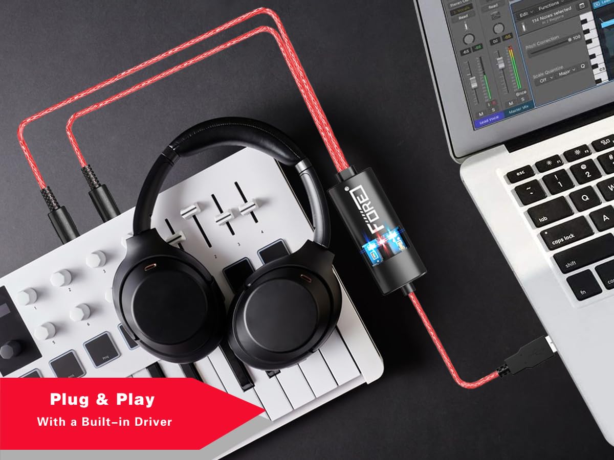 FORE MIDI to USB Interface - 6.5ft Red Cable, Compatible with iOS/Android, Windows/Mac, Works with MIDI Devices and Keyboards