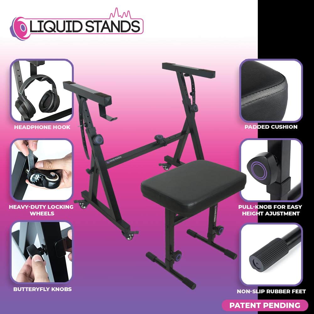 Liquid Stands Piano Keyboard Stand And Bench Set - Portable Heavy Duty Music Stand For 54-88 Key Electric Pianos And Adjustable