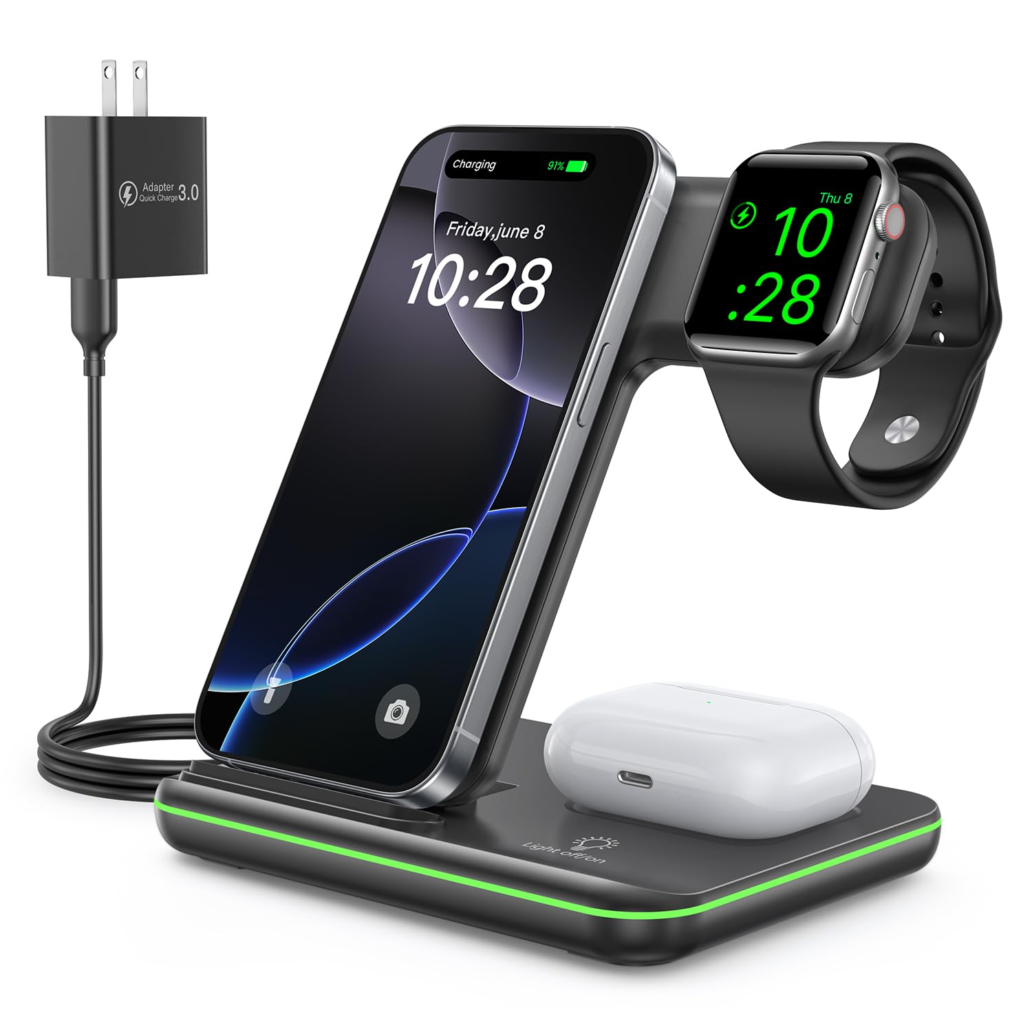 Waitiee Wireless Charger 3 In 1, 15W Fast Charging Station For Apple Watch 9/8/Ultra/Se/7/6/5/4/3/2/1, For Airpods 3/2/1/Pro, Fo