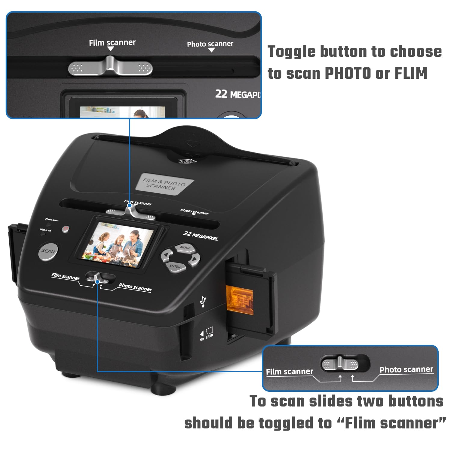 Photo And Slide Scanner With 2.4    Lcd Screen, Convert Negatives & Slides 35Mm/135 Film, Photo(3R,4R,5R), Business Card To 22Mp