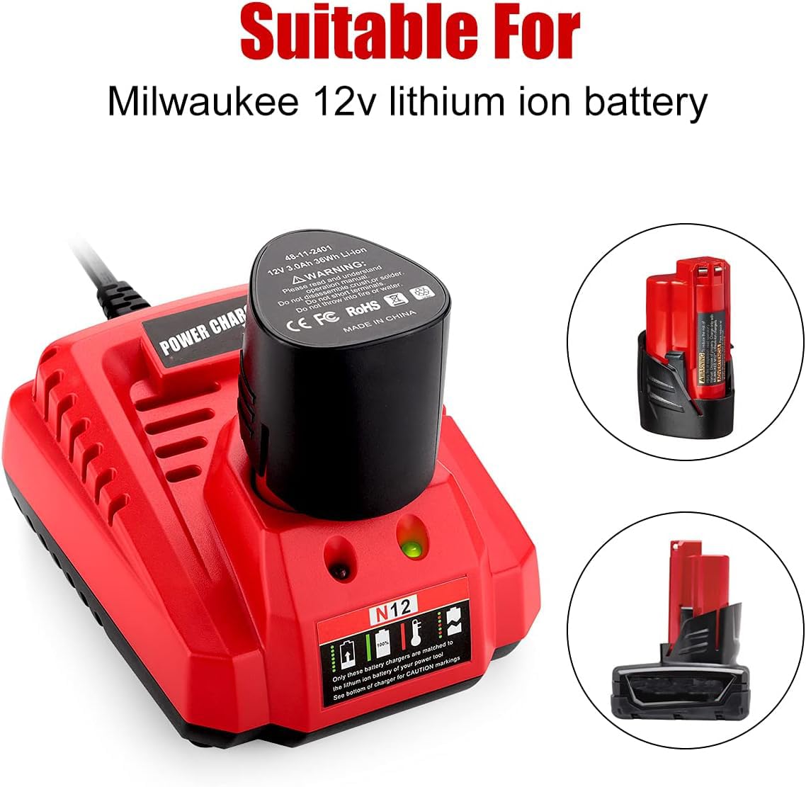 Ahomtikk 12V Rapid Charger Replacement For Milwaukee 12V Battery Charger, Compatible With Milwaukee M12 Lithium Battery 48 11 24