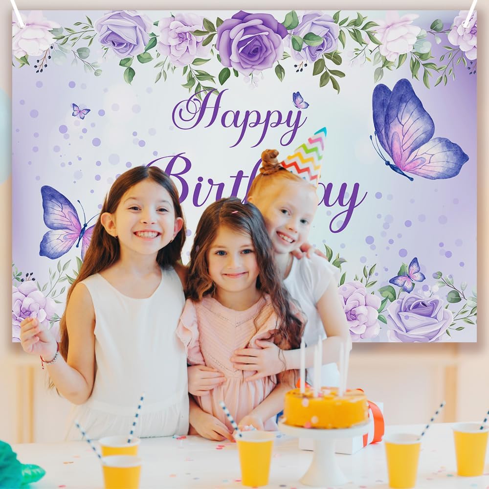 Purple Butterfly Birthday Banner Backdrop For Women Girl (59X36 Inch) Purple Happy Birthday Decorations Banner For Women Rose Fl