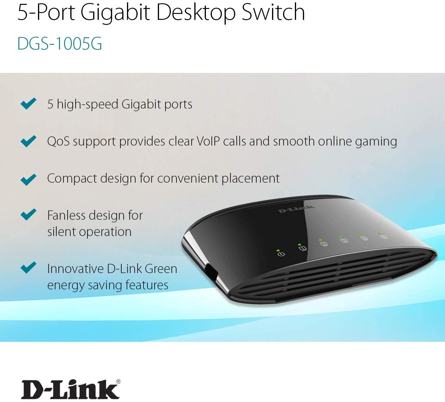 D Link Ethernet Switch, 5 Port Gigabit Plug N Play Compact Design Fanless Desktop Switch (Dgs 1005G),Black