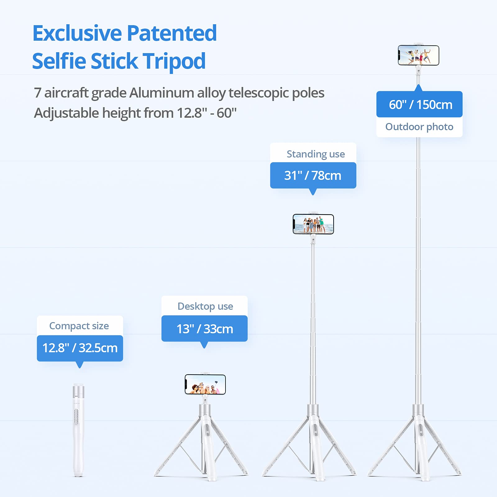 Atumtek 60'' Selfie Stick Tripod, All In One Extendable Phone Tripod Stand With Bluetooth Remote 360 Rotation For Iphone And And