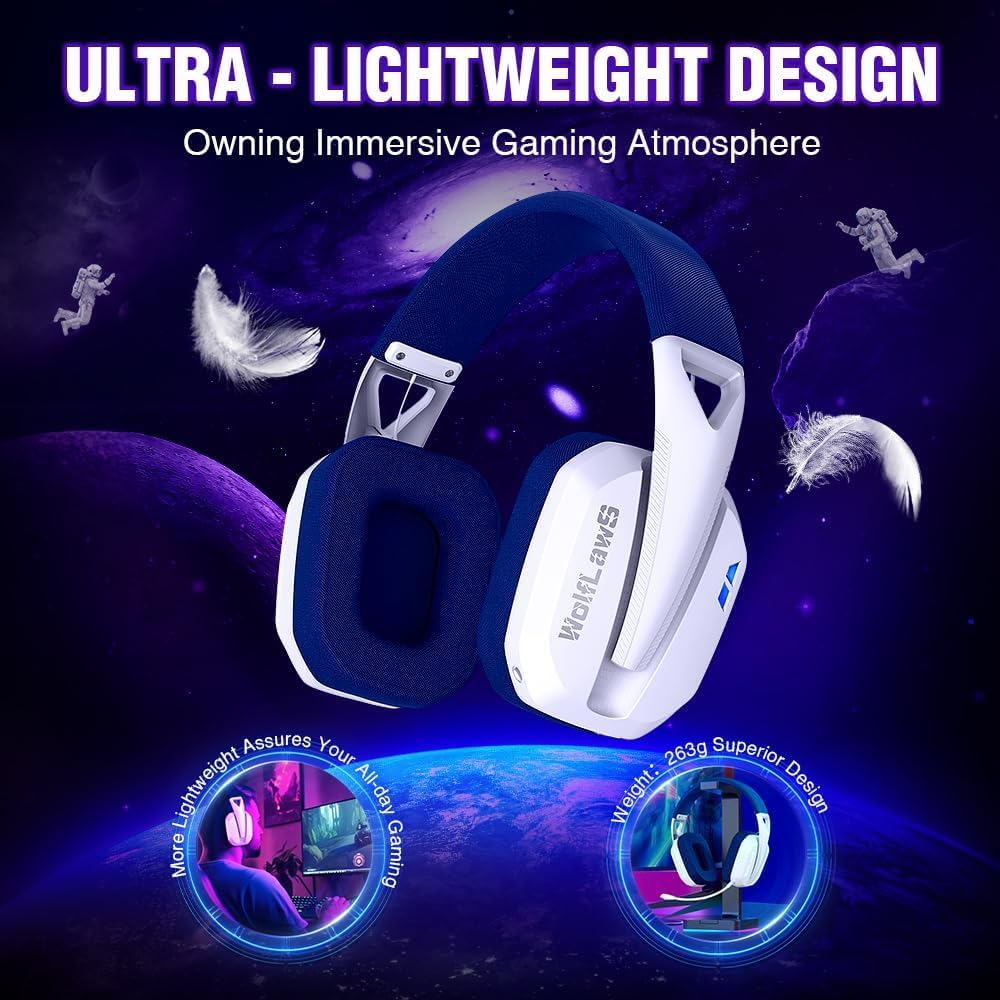 Wolflaws Wireless Gaming Headset For Ps5, Ps4, Pc, Mac, Switch, Bluetooth Over-Ear Headphones With Detachable And Built-In Mics,