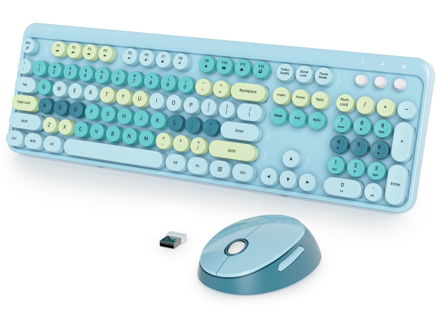 Fogruaden Blue Keyboard And Mouse Wireless, Retro Typewriter Keyboard, 2.4Ghz 104 Keys Full Size Cute Keyboard With Number Pad,