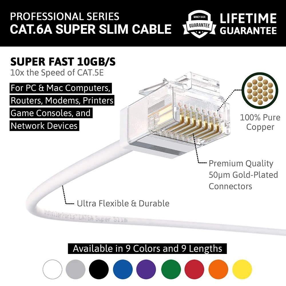 Installerparts Ethernet Cable Cat6A Super Slim Cable Utp 7 Ft (10 Pack)   White   Professional Series   10Gigabit/Sec Network/Hi