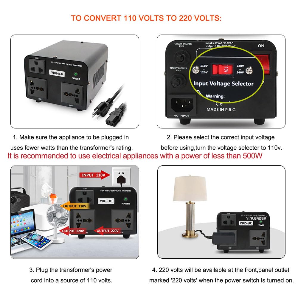 Yinleader 800W Voltage Converter Step Up 110V 120V To 220V 240V & Step Down 220V 240V To 110V 120V Power Transformer W/Us Power