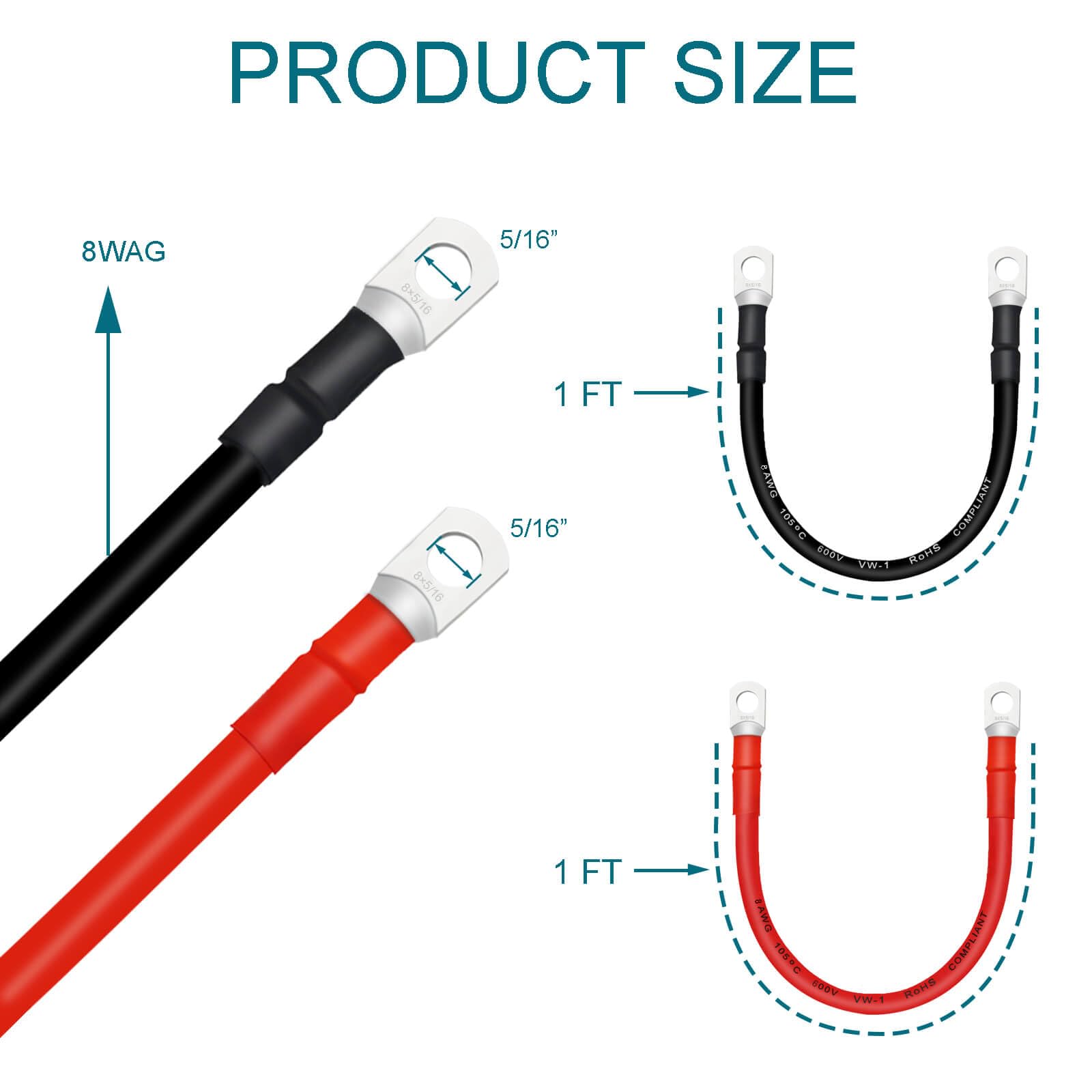 Qiatol Copper Battery Cables With Terminals, 4Pcs (1Ft), 8 Awg, Pvc Insulated, Automotive, Outdoor, Solar, Marine