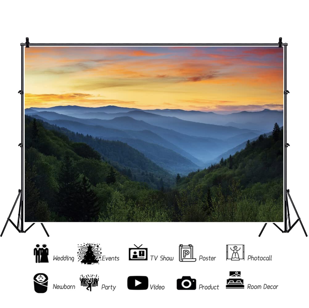 Renaiss 7X5Ft Sunset Mountain Backdrop Polyester Fabric Misty Forest Red Clouds Nature Scenery Photography Background For Outdoo