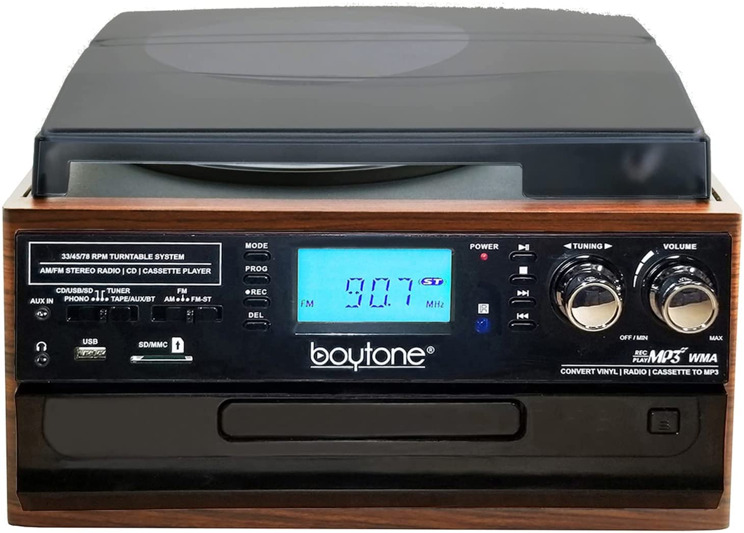 Boytone Bt 22Ms, Bluetooth Record Player Turntable, Am/Fm Radio, Cassette, Cd Player, 2 Built In Speaker, Ability To Convert Vin
