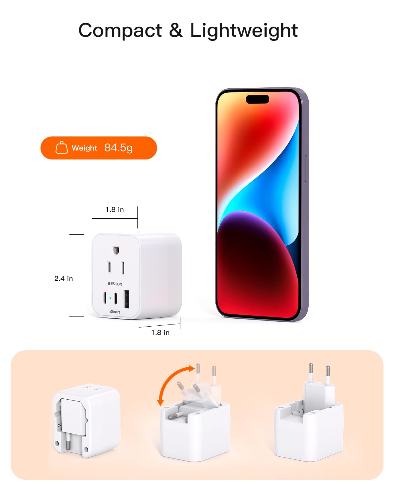 [2 Pack] European Travel Plug Adapter, Foldable International Plug Adapter With 2 Ac Outlets 3 Usb Ports(2 Usb C), Type C Plug A