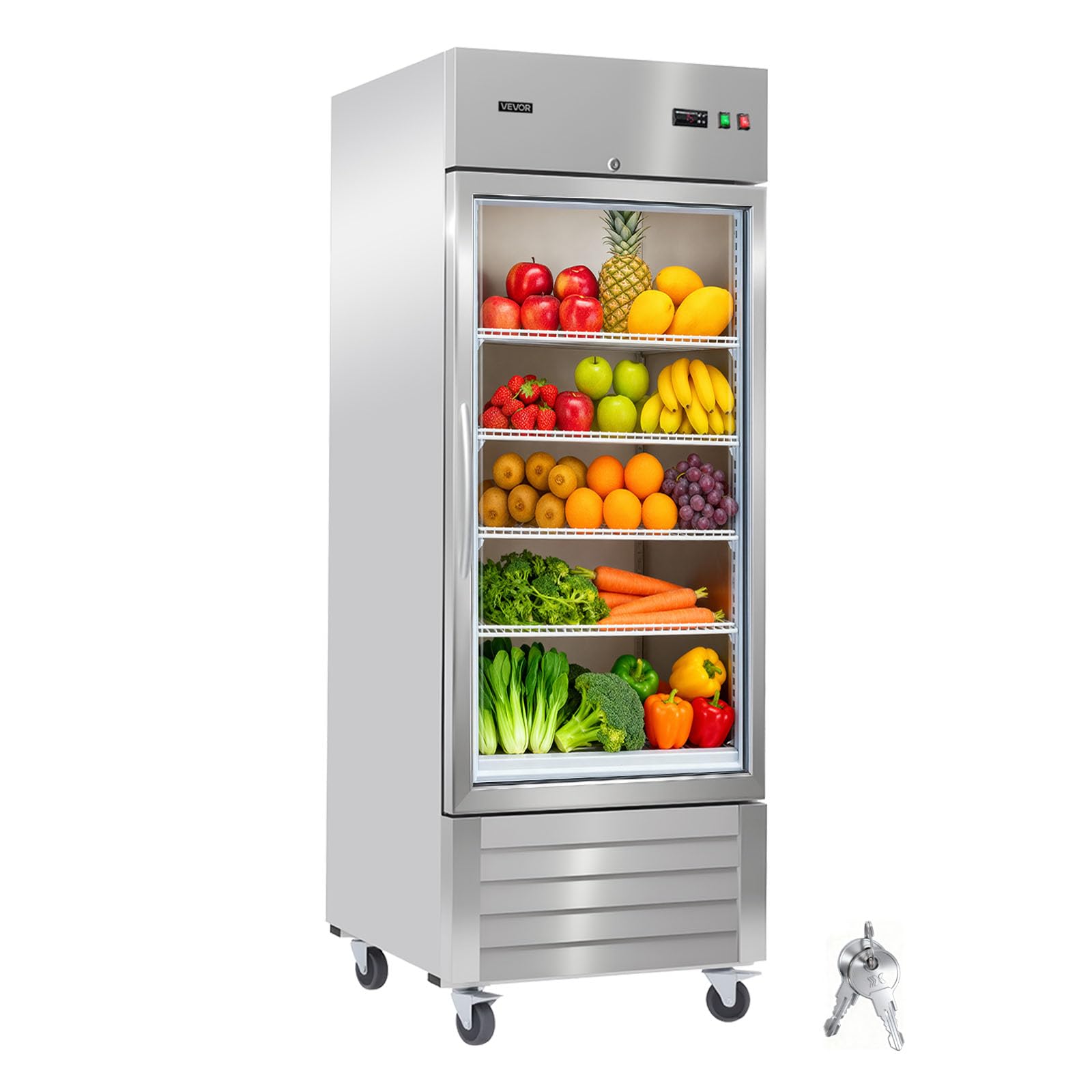 VEVOR Commercial Reach-In Refrigerator 29 W, 22 Cu.Ft Stainless Steel Upright Refrigerator with Single Glass Door, Auto-Defrost,