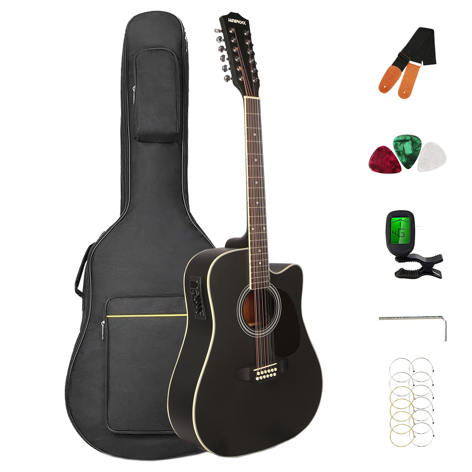 Janerock 12 String Guitar 12 String Acoustic Electric Guitar,Cutaway Guitar,Bundle With Gig Bag,Tuner,Strings,Strap, Picks