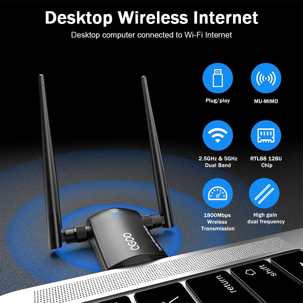 Wifi 6 Adapter For Desktop Pc, Ax1800 Usb 3.0 Wifi Dongle Dual Band 5Ghz/2.4Ghz High Gain Dual 5Dbi Antennas 802.11Ax Mu Mimo Wi