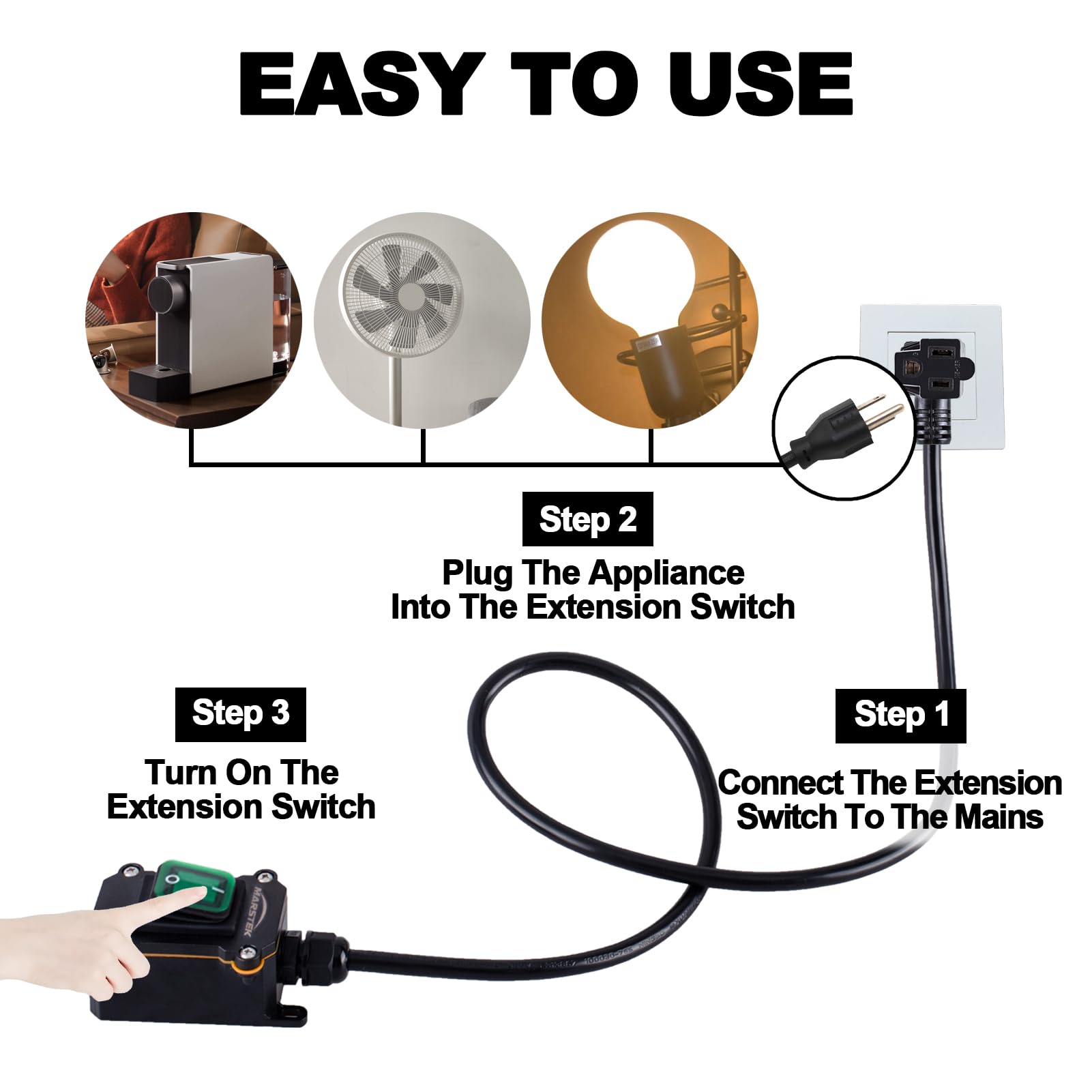 Marstek Heavy Duty Waterproof Extension Cord With On/Off Switch,Inline Cord Switch With 3 Ft 16Awg Cable Piggyback Plug(3 Pronge