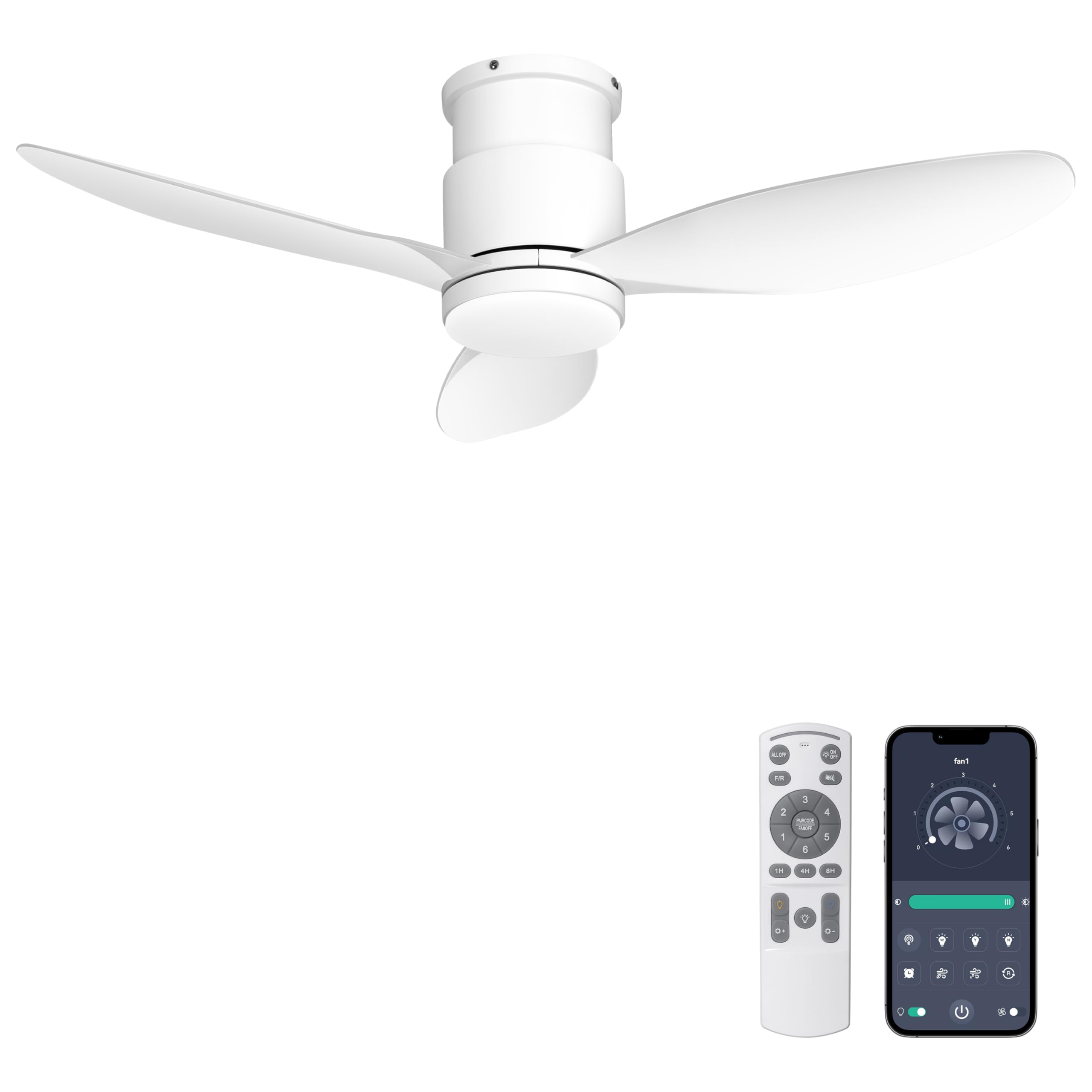Ohniyou 42   Flush Mount Ceiling Fan with Lights, Remote/App Control, 3 Colors & Dimmable, Silent DC Motor Indoor Ceiling Fan 