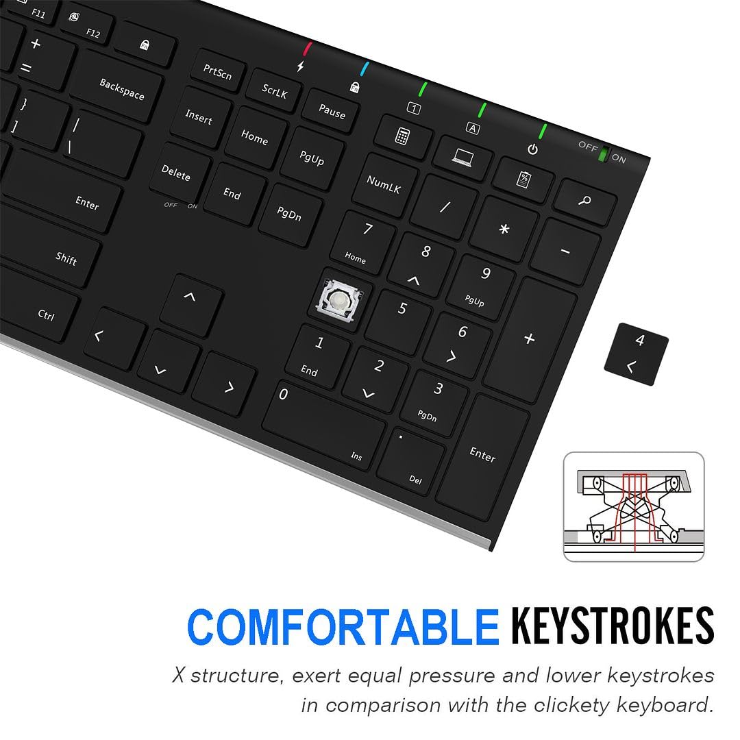 Arteck 2.4G Wireless Keyboard Stainless Steel Ultra Slim Full Size Keyboard With Numeric Keypad For Computer/Desktop/Pc/Laptop/S