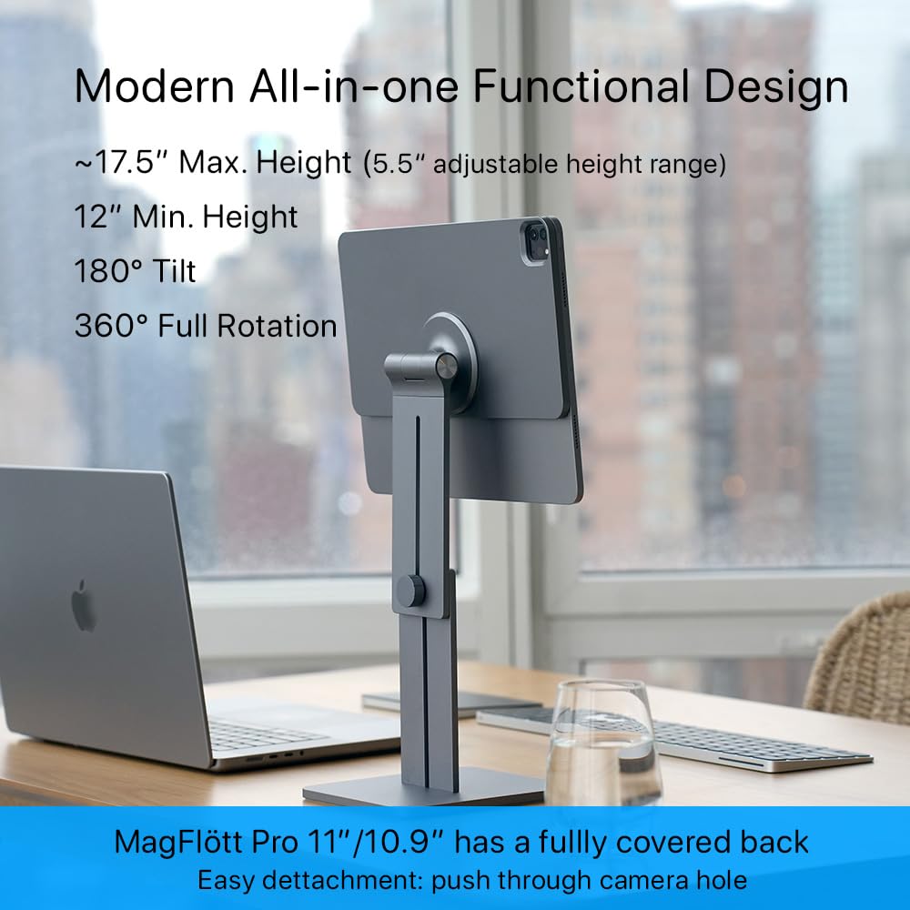Tallest Height Adjustable Magnetic Stand For Ipad Pro 11, Ipad Air 11' M2 (2024), Ipad Air 10.9, Ipad 10Th Gen, 17.5' Max Height, Stand For Iphone W/Magsafe, Usb C Curved Cable, Magflott Pro 11/10.9