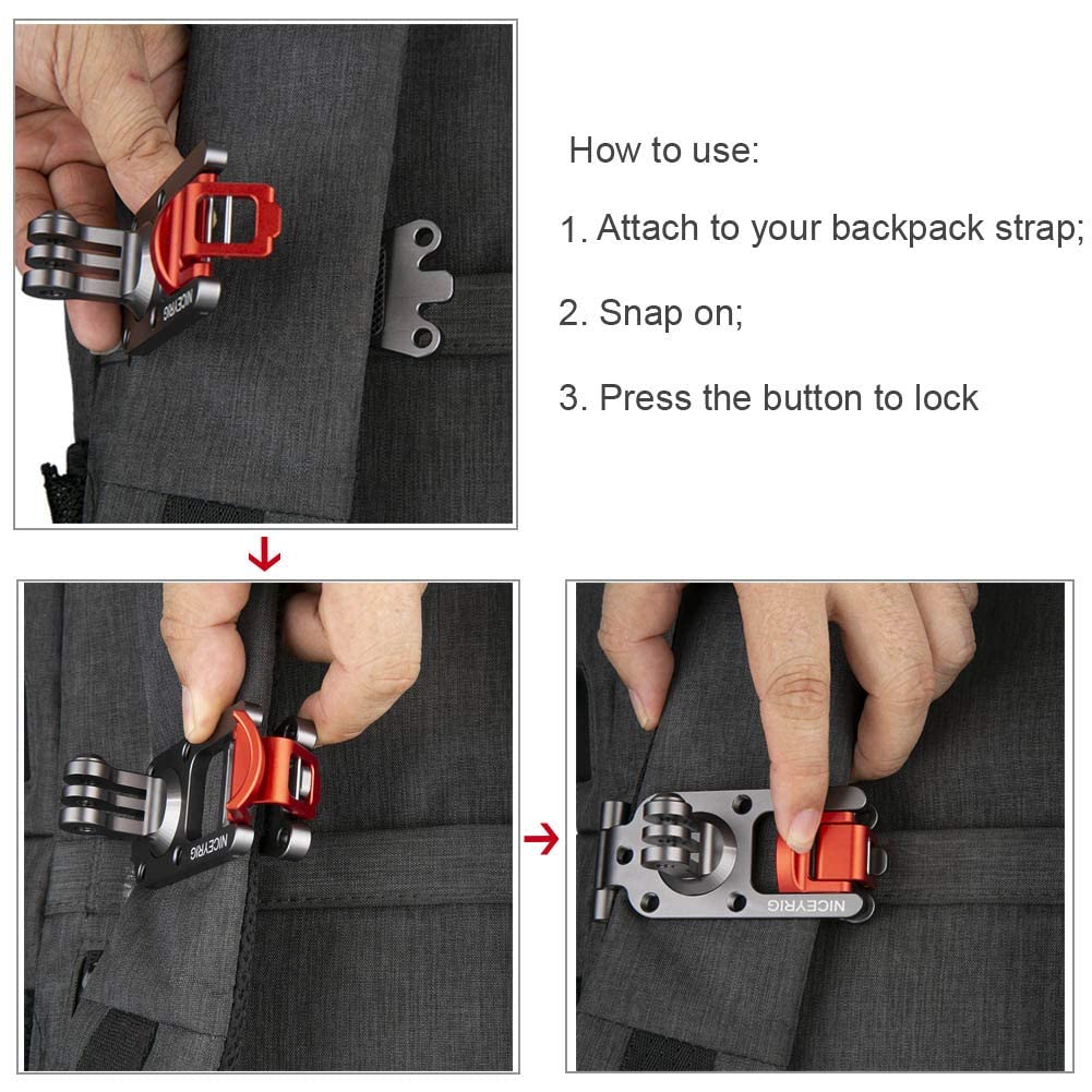 Niceyrig Backpack Mount Clamp For Gopro Hero 11/10/9/8/7/6, Dji Osmo Action 4, Universal Backpack Strap Mounting Clip [ Aluminum