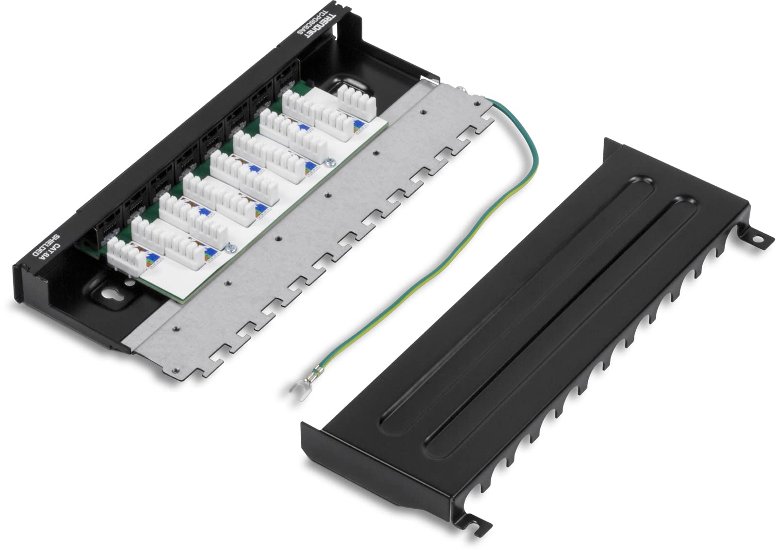 Trendnet 8 Port Cat6A Shielded Patch Panel, Wall Mount Ready, 10G Ready, Cat5E,Cat6,Cat6A Compatible, Metal Housing, Color Coded Labeling For T568A & T568B Wiring, Cable Management, Black, Tc P08C6As