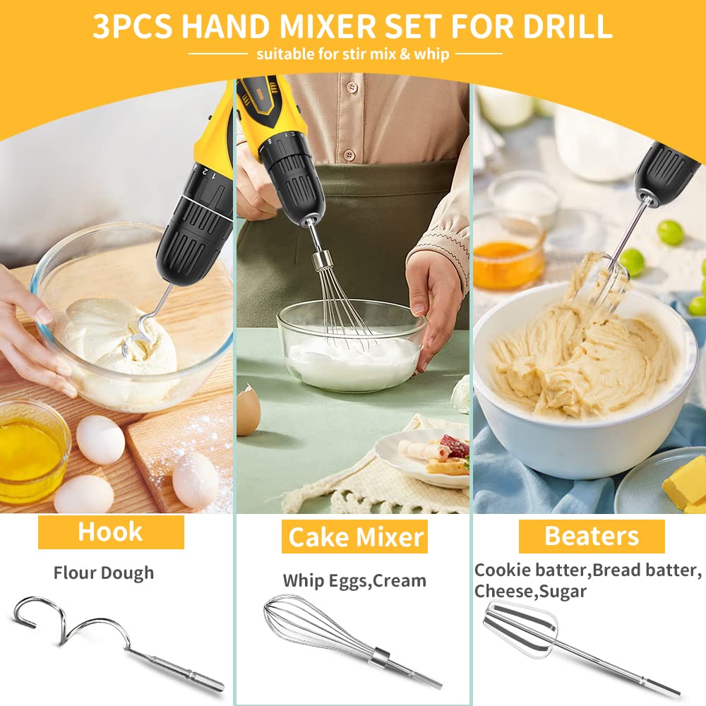 Homicozy 3-Piece Stainless Steel Hand Mixer Attachment Set - Whisk, Dough Hook, Egg Beater For Drills - Dishwasher Safe, 7.5 Inc