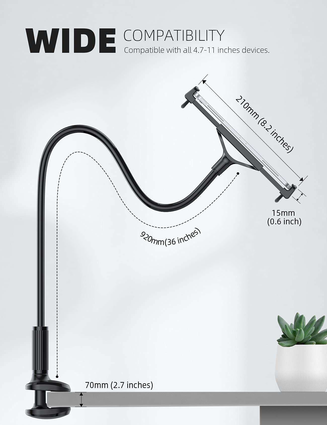 Lamicall Gooseneck Tablet Mount Holder for Bed   Flexible Tablet Arm Clamp for Bed Compatible with Pad Mini 7.9, Air 9.7, Pro 10.5, Kindle, Switch, Galaxy Tabs, More 4.7 11' Device   Black