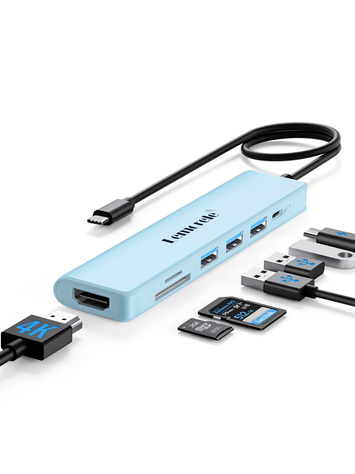 Lemorele Usb C Hub 7 In 1 Adapter With Hdmi 4K@30Hz, 100W Pd Charging, 1 Usb3.0 5Gbps Data Port, 2 Usb 2.0, Sd/Tf, Usb C Multipo