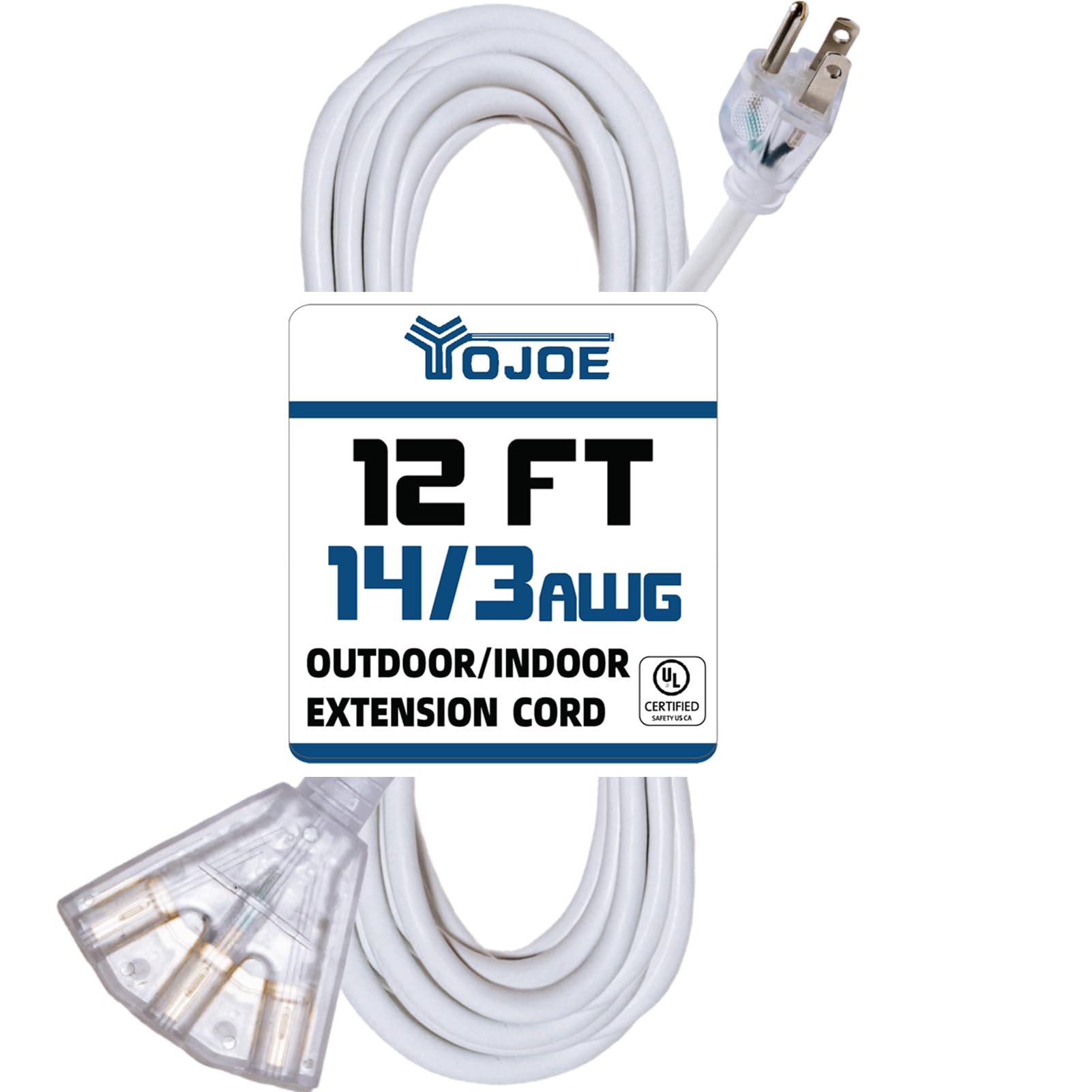 Yojoe 3 Outlets Indoor Outdoor Extension Cord With Lighted End, 3 Prong 15A Weatherproof Power Cord, 14 Gauge Heavy Duty 12 Ft W