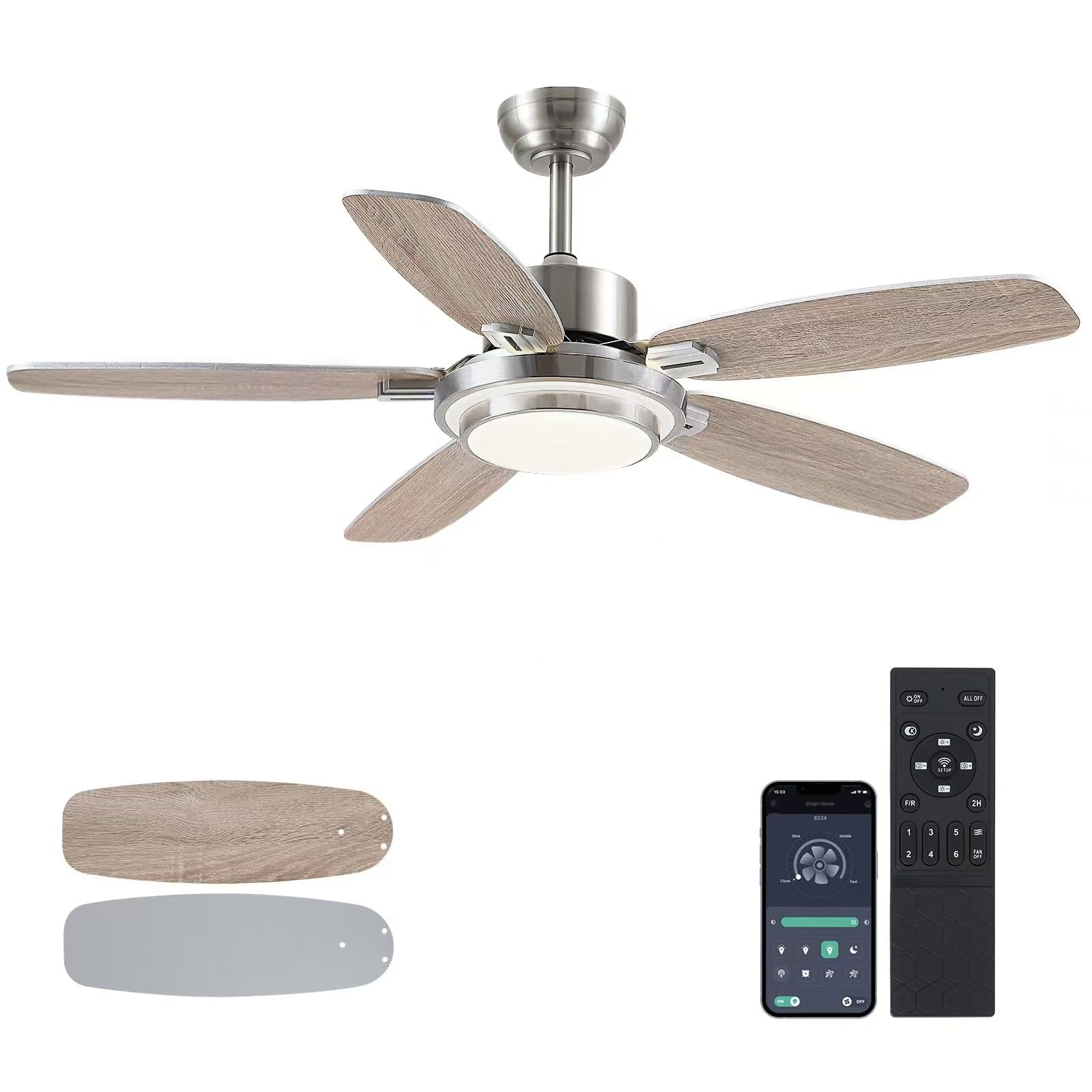 Ceiling Fans With Lights And Remote/App Control,50 Modern Ceiling Fan With Quiet Reversible Dc Motor, 5 Dual Finish Blades,Dimma