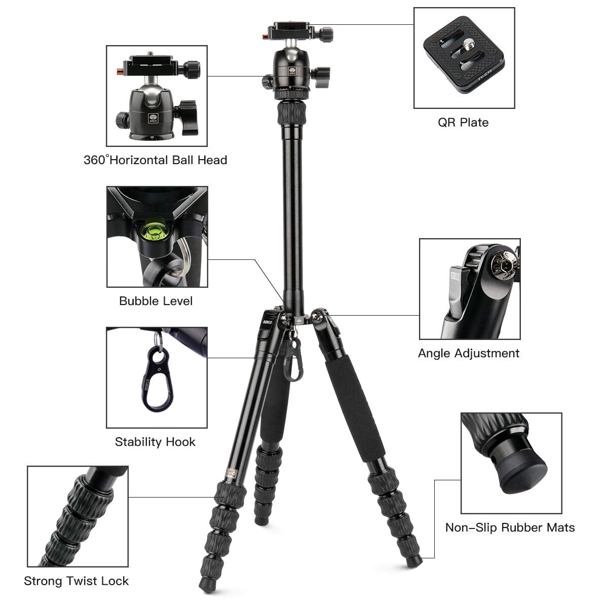 Sirui Traveler 5Ax 52'Aluminum Camera Tripod, 360� Panorama B 00K Ball Head And Arca Swiss Quick Release Plate, Folded Height 12.4', Load Up To 6Kg/13.2Lbs