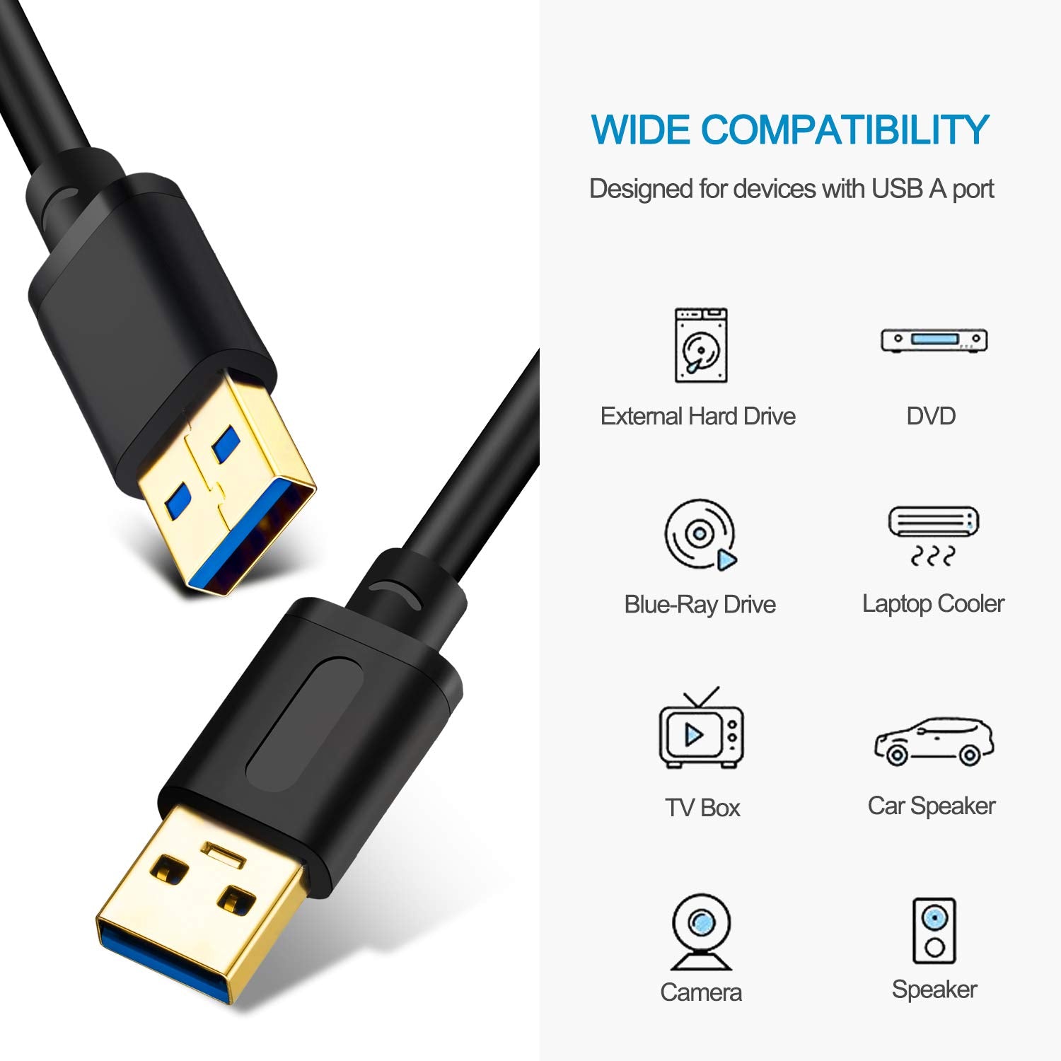 Jelly Tang Usb 3.0 Male To Male Cable 12Ft,Usb To Usb Cable With Gold-Plated Connector For Hard Drive Enclosures, Dvd Player, La
