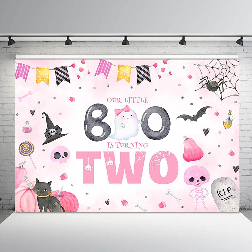 Mehofond 7X5Ft Halloween Pastel Little Boo Party Backdrop For Girl Pink Pumpkin Ghost Bat Background 2Nd Birthday Decorations Ou