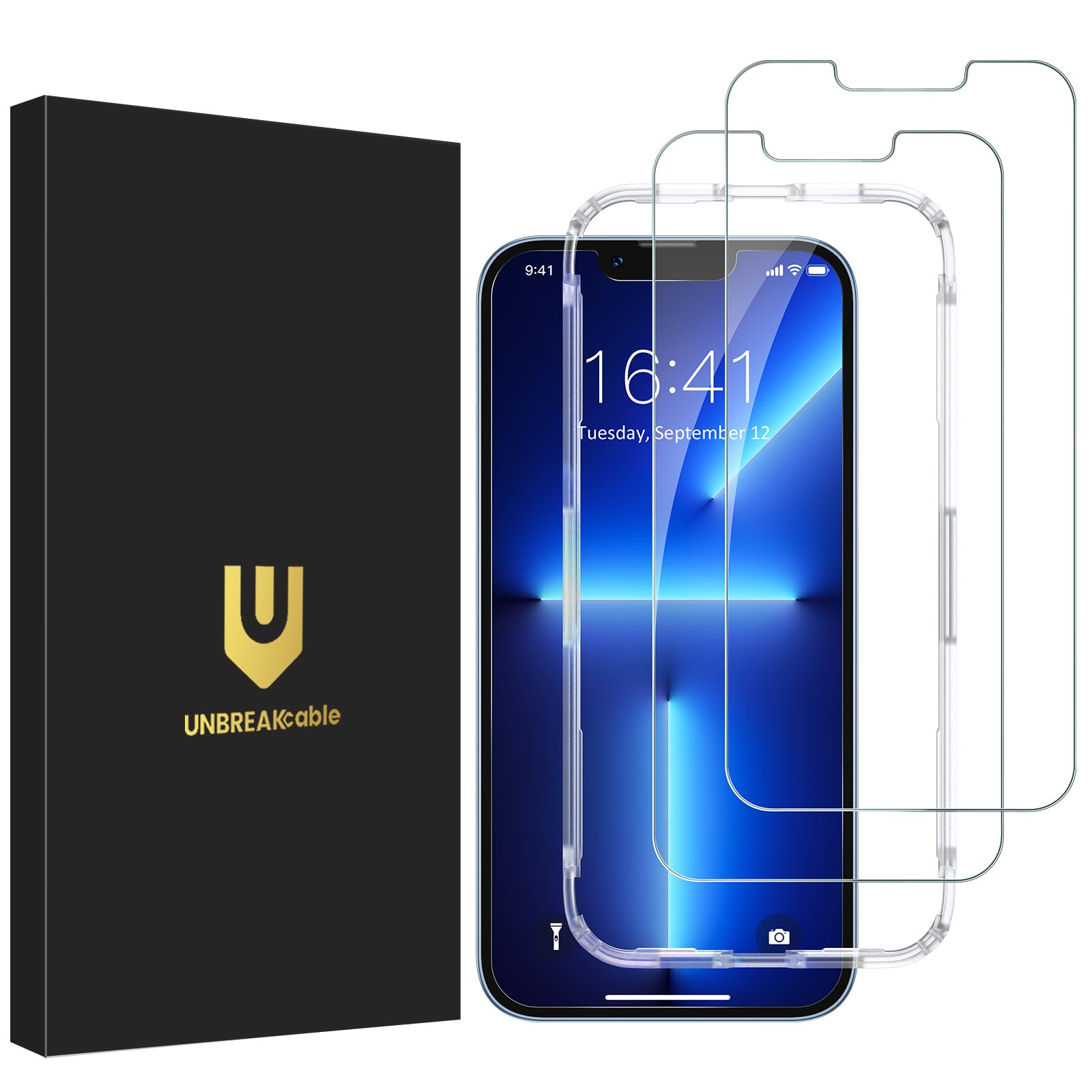 UNBREAKcable 2-Pack Screen Protector for iPhone 14/13/13 Pro Double Shatterproof Tempered Glass [Easy Installation Frame] [9H Ha