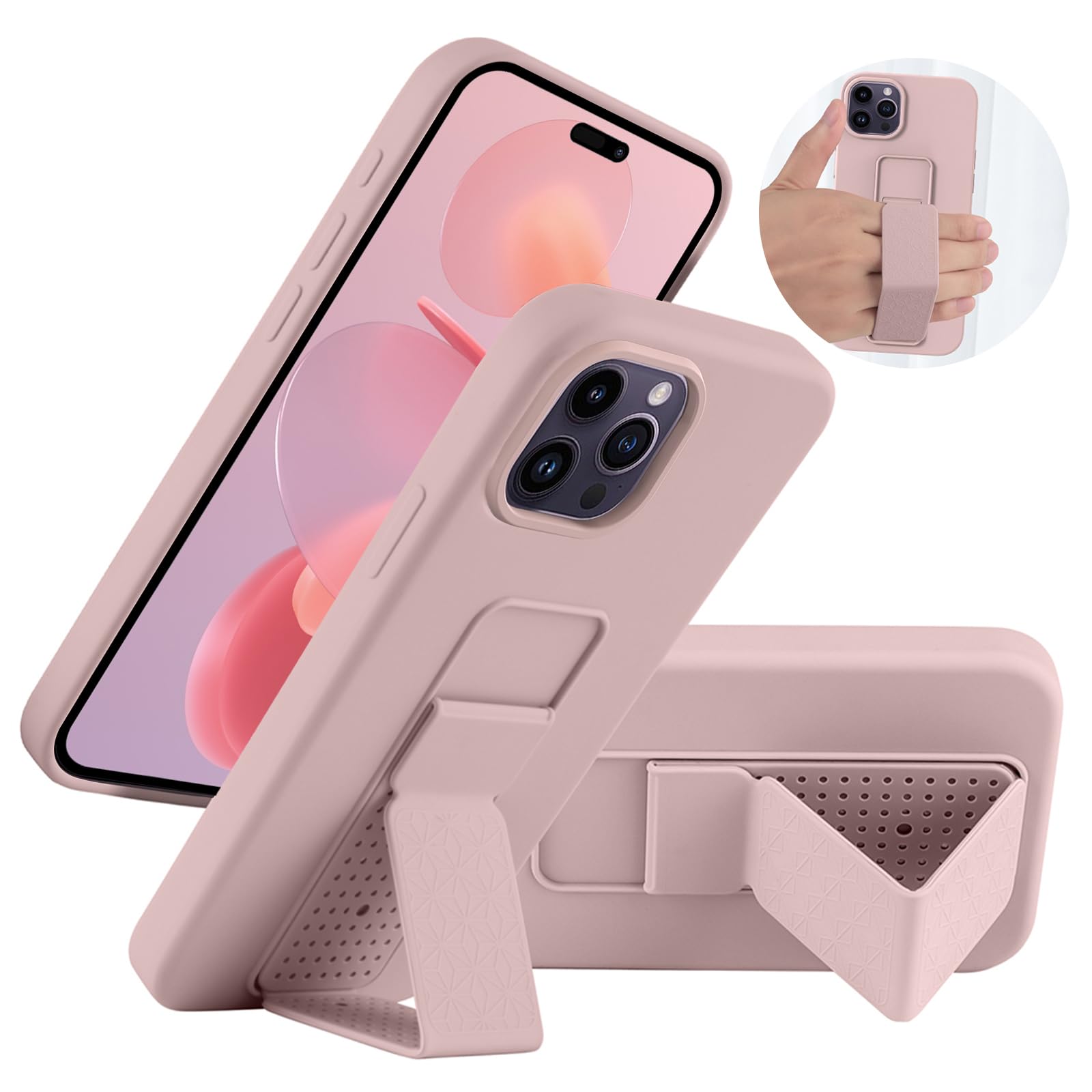 Laudtec Silicone Kickstand Case Compatible With Iphone 15 Pro Case Vertical And Horizontal Stand Hand Strap Metal Kickstand, Fle