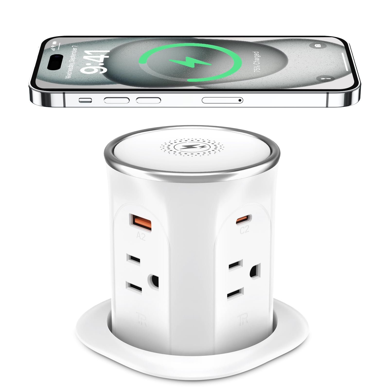 3.15In Pop Up Countertop Outlet With 15W Wireless Charger, Max 20W Usb Power Delivery 15A Tamper Resistant, Desktop Mount Electr