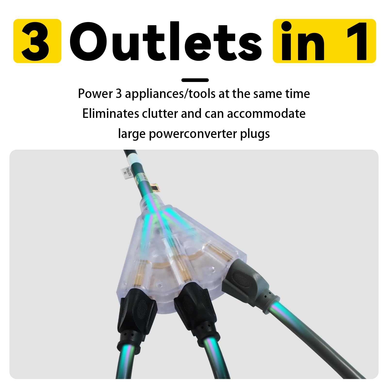 Ep 3 Ft Lighted Gfci Extension Cord With 3 Electrical Power Outlets   12/3 Sjtw Heavy Duty Black Pigtail Extension Cable With 3