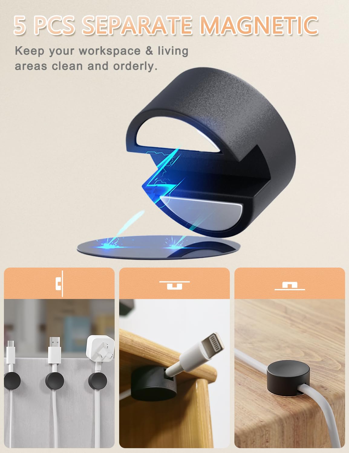Xuuza Magnetic Cord Holder 5-Pack Silicone Cable Organizer Black