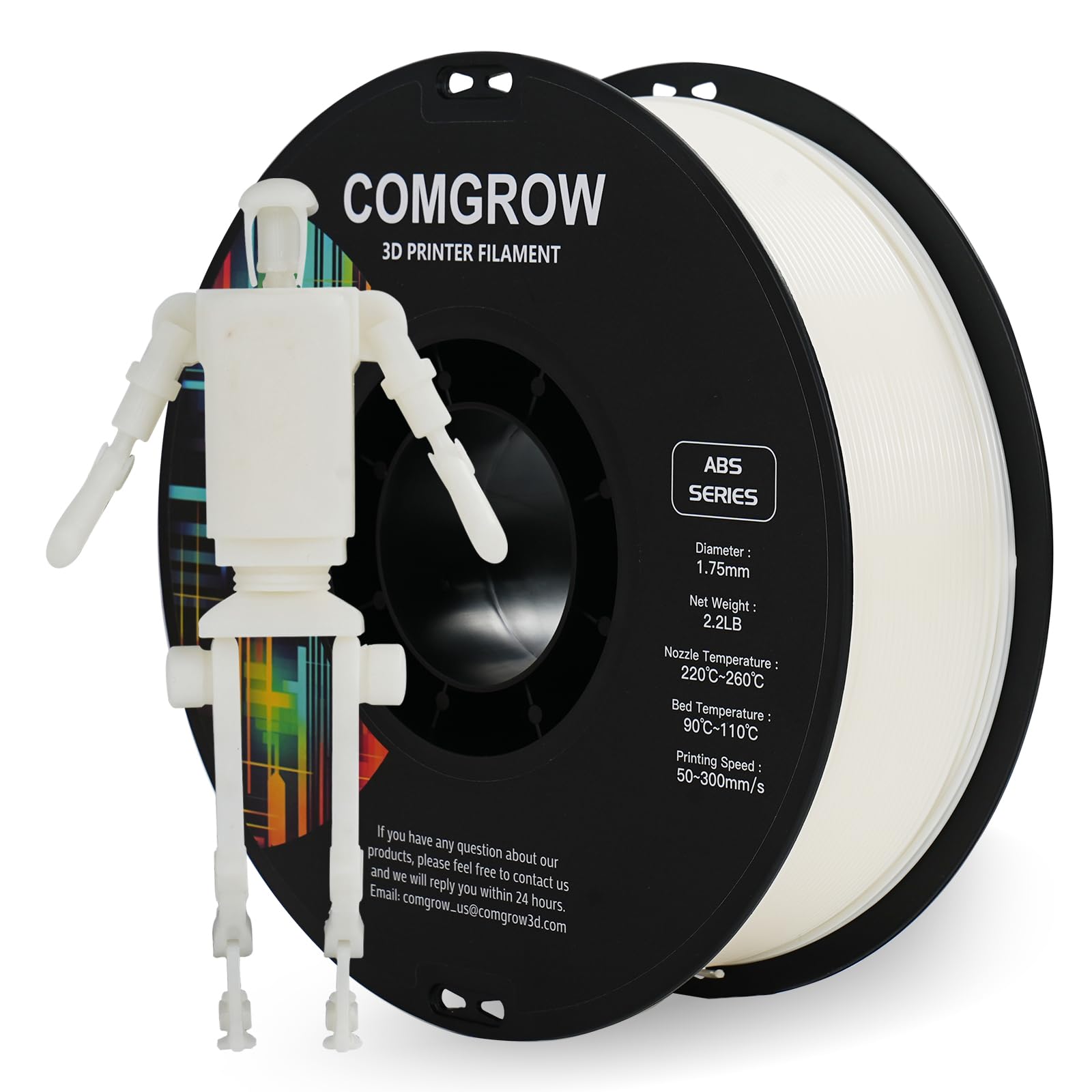 Comgrow ABS 3D Printer Filament, 1.75mm, Heat Resistant, 1kg, White, 1.75mm Diameter, 1lb Weight, Acrylonitrile Butadiene Styren