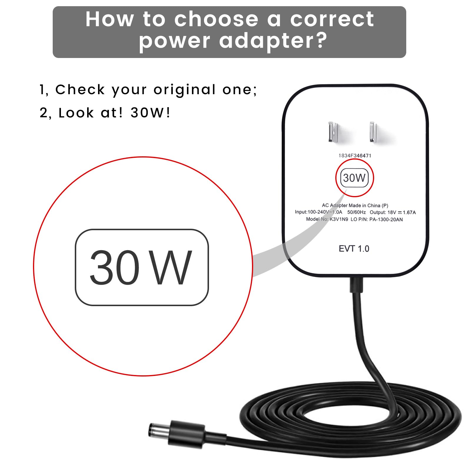 30W Power Cord Adapter Replacement For Echo Show 8 3Rd Gen., Show 10 3Rd Gen., Show 15, Echo 3Rd/4Th Gen.   Black Wall Charger C