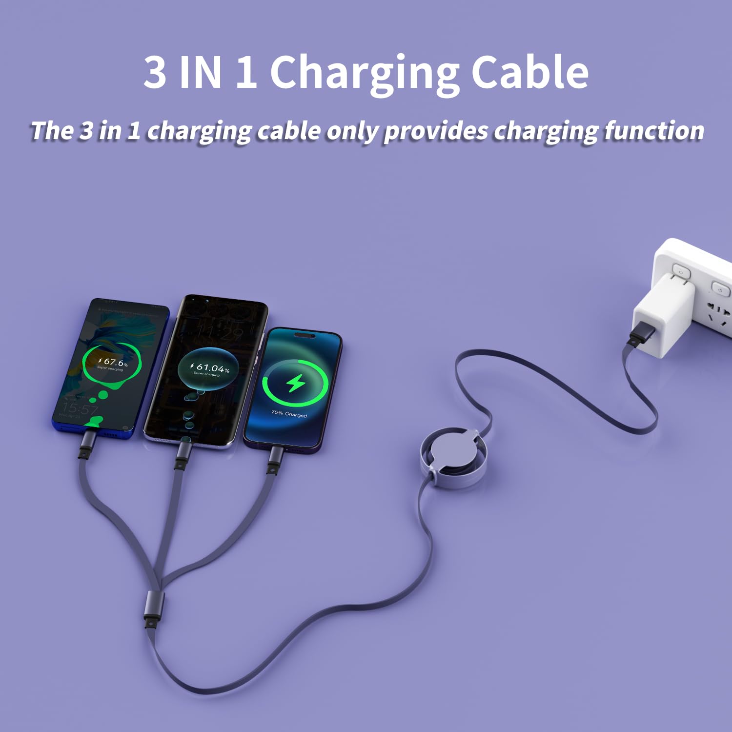 Idison Multi Charging Cable [2Pack 3.3Ft] Retractable Multi Charging Cord 3 In 1 Charger Cable Cord Multi Usb Cable With Ip/Type C/Micro Usb Port For Cell Phones/Samsung Galaxy/Ps/Tablets/More Purple