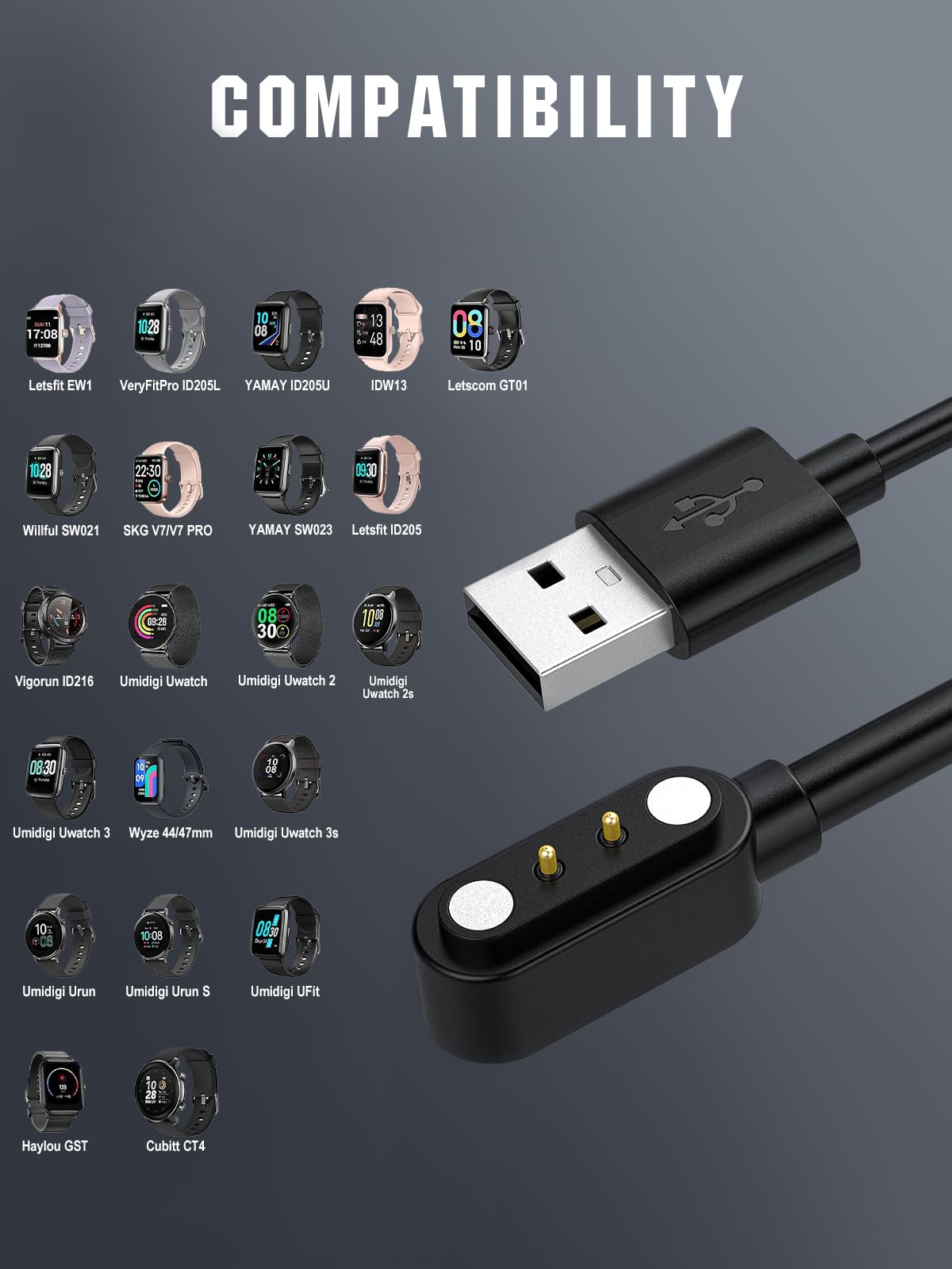 Timovo Smart Watch Charger Compatible With Yamay Letsfit Veryfitpro, Magnetic Usb Smartwatch Charging Cable For Umidigi Uwatch 3