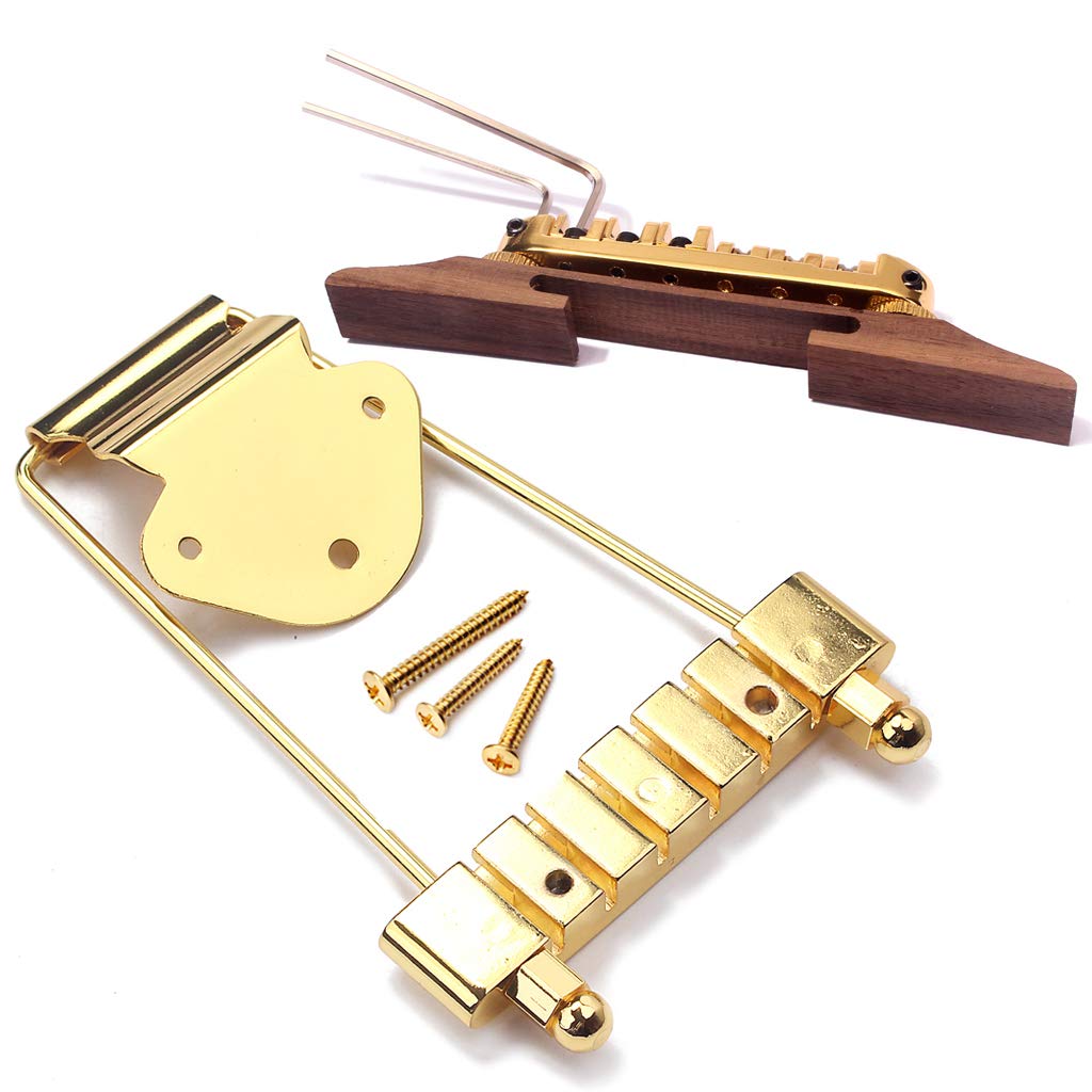 Ogdni 6 String Guitar Trapeze Tailpiece Bridge And Roller Tune O Matic Saddle Bridge For Jazz Archtop Guitar Replacement (Gold)