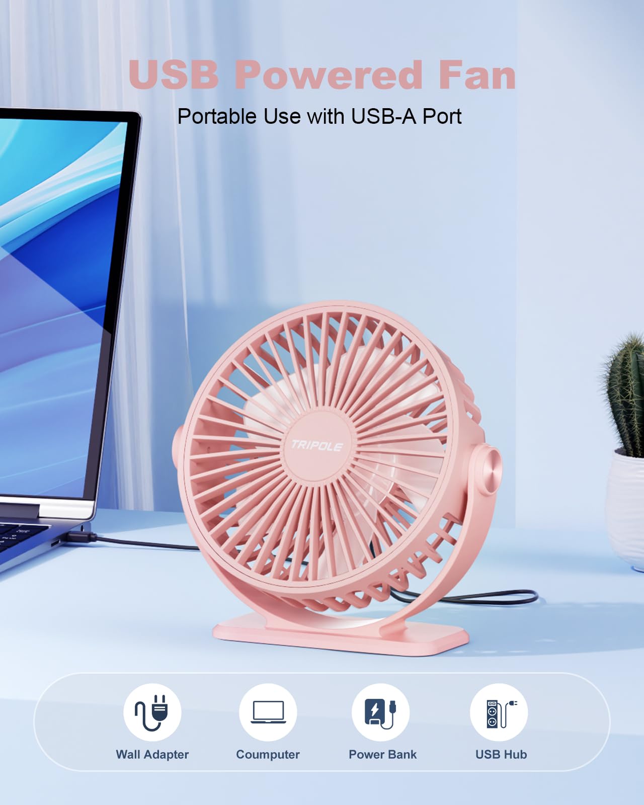 Tripole Usb Desk Fan Mini Portable Personal Fan, 3 Speeds Adjustable Strong Breeze Small Electric Fan, 360 Rotation Quiet Plug I