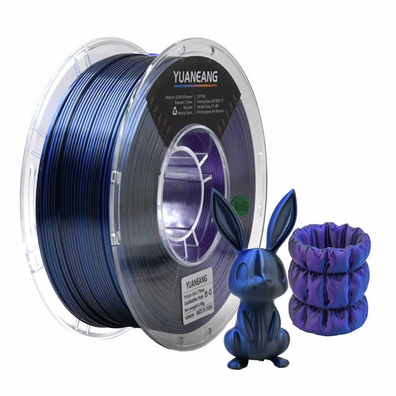 YUANEANG Silk Triple-Color PLA Filament 1.75mm Black-Blue-Purple, 0.03mm Precision, 1kg Spool (2.2 lbs), Smooth Multi-Tone Gradi