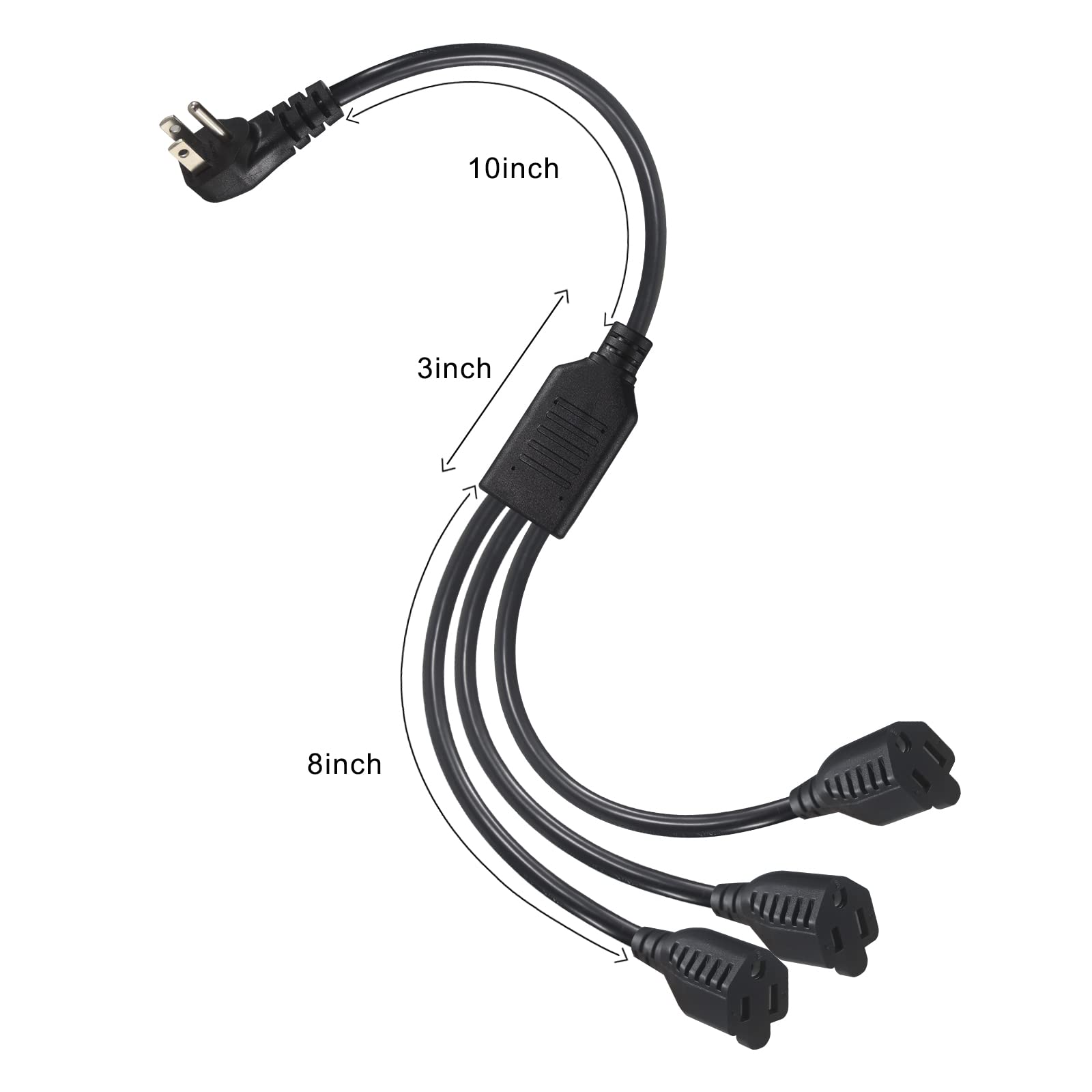 [2Pack]1.5Ft 3 Outlet Power Splitter Extension Cord   18Inch 1 To 3 Flat Plug Extension Cord Splitter , Sjt 16Awg 3 Prong 1 To 3