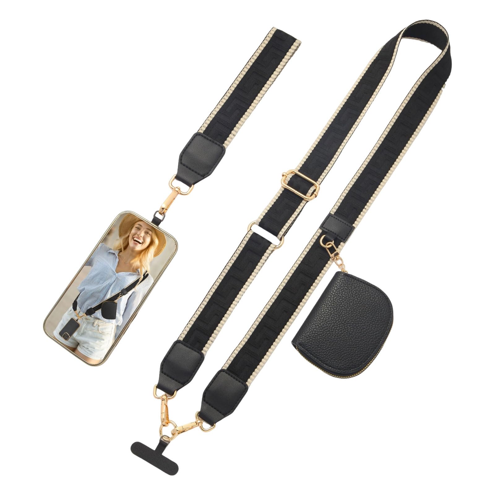 CEVALY Clip And Go Strap For Phone With Wallet Crossbody Adjustable Wrist Strap Cell Phone Strap With Zippered Pouch (Black And 
