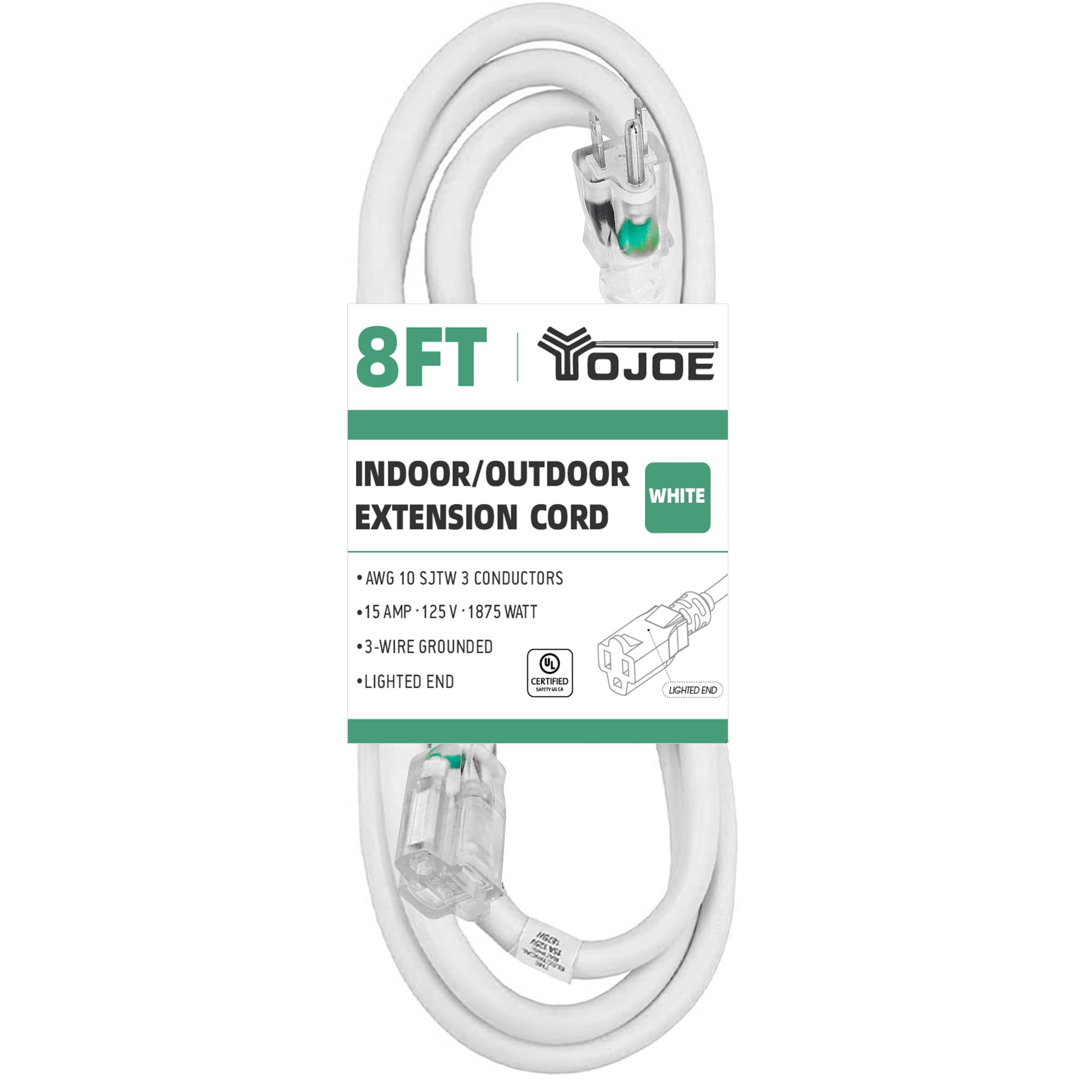 Yojoe Indoor Outdoor Extension Cord With Lighted End, 3 Prong 15A Weatherproof Power Extension Cord, 10 Gauge Heavy Duty 8 Ft Wh