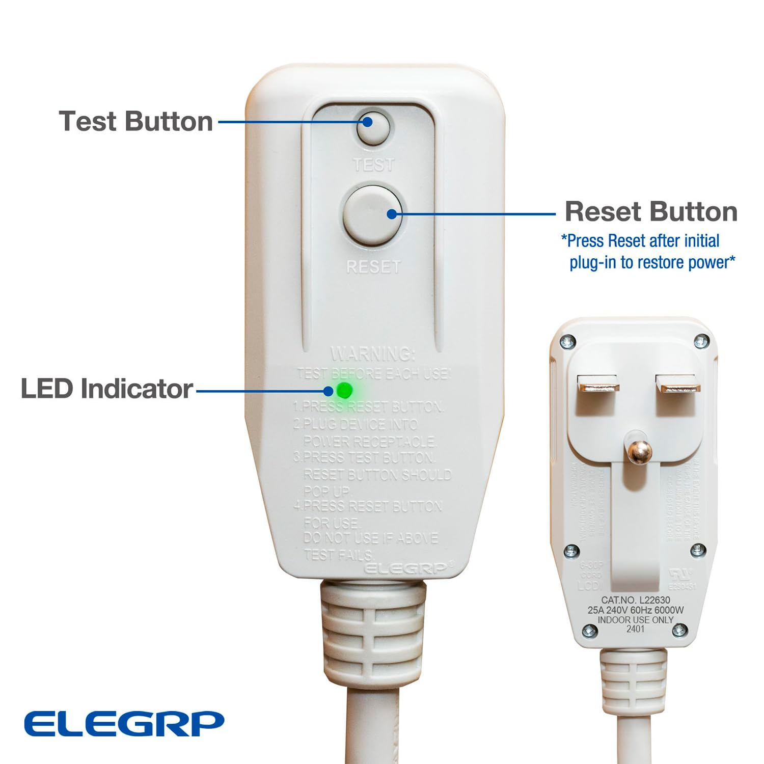 Elegrp L22630 L15630 12Awg Lcdi Power Cord Plug For A/C Air Conditioner, E250451 Ul Certified, 7.5Ft Leakage Current Detection I