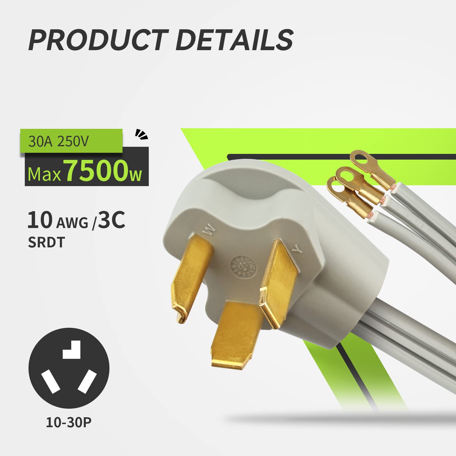 Rvmate 3 Prong Srdt Dryer Cord 10 Feet, 30 Amp Appliance Power Cord (Nema 10 30P To 3 Wire), 3 Wires With O Ring Terminal Connec